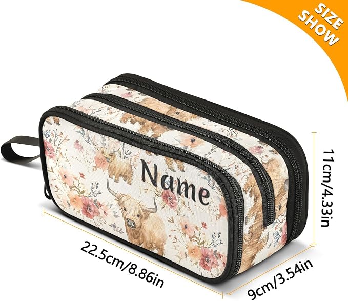 Custom Cute Highland Cows Flowers Pencil Case Box Boys Girls Personalized Name - Image 4
