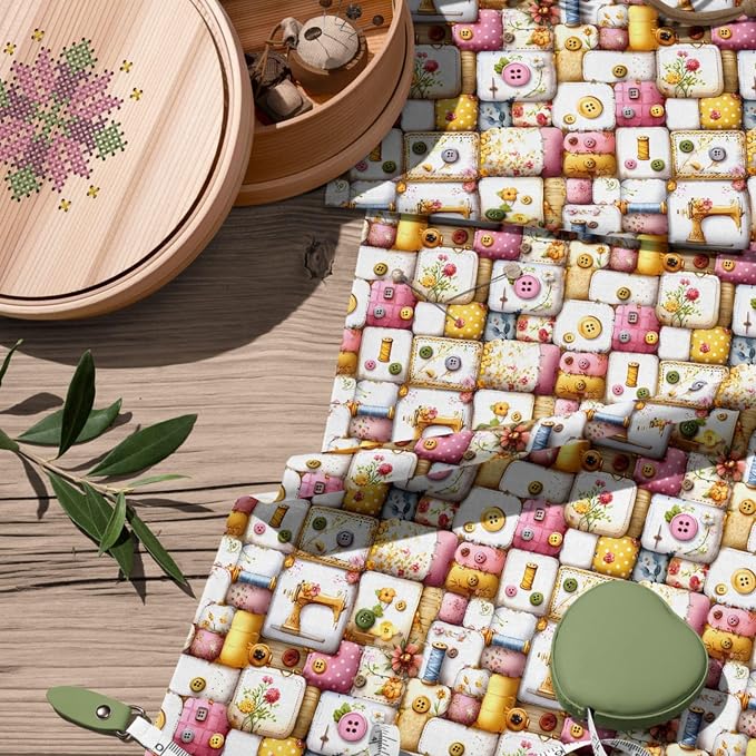 Vintage Sewing Notions Patchwork Cotton Fabric Panel 61 x 36.6 Inches, Buttons - Image 8