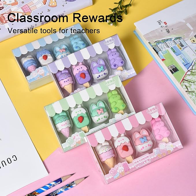 HILAZA 16 Pcs Ice Cream Erasers for Kids, Cute Animal Erasers for Girls, Cool Fun Puzzle Food Erasers for Ice Cream Themed Party Favors