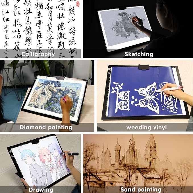 HIUKCOLED Rechargeable A3 Light Pad with Diamond Painting Light Board Carry Bag, Built-in Foldable Stand＆top Clip, 3 Colors/Stepless/6-level Brightness, Battery Powered Wireless LED Tracing Box
