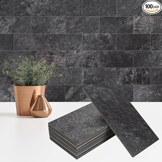 100 Pieces Peel and Stick Backsplash for Kitchen, 3" x 6" PVC Subway Tile 2025 Upgraded Graphite Stone Backsplash Stick on Tile Elevate Kitchen Fireplace RV