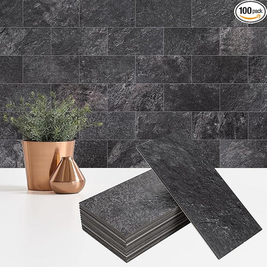 100 Pieces Peel and Stick Backsplash for Kitchen, 3" x 6" PVC Subway Tile 2025 Upgraded Graphite Stone Backsplash Stick on Tile Elevate Kitchen Fireplace RV