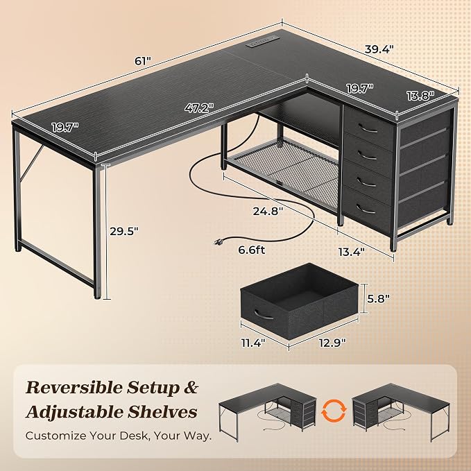 PRAISUN 61" L Shaped Desk with Power Outlets & USB-C Port, Reversible Computer - Image 3