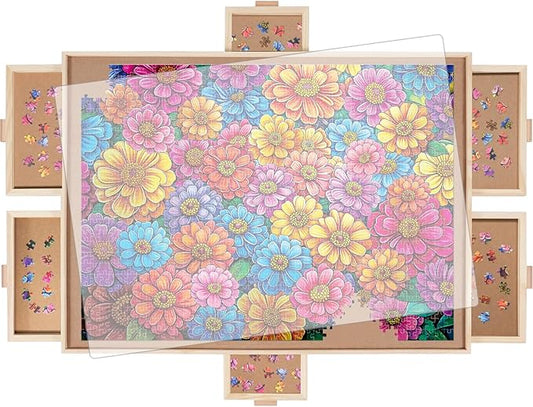 1000 Pieces Rotating Puzzle Board with 6 Drawers, Lazy Susan & Transparent Cover, 30.2"x22.4" Portable Wooden Jigsaw Puzzle Board , Great Gift for for Puzzle Enthusiasts