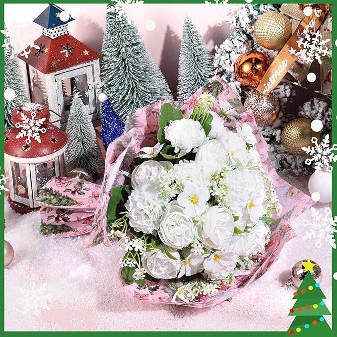 100 Sheets Pink Santa Tissue Paper, Santa Claus Xmas Tree Berries Bell Patterns Decorative Art Paper for Winter Home Party DIY Crafts Christmas Party Supplies, 13.8 x 19.7 Inch