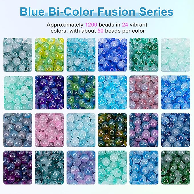 XSEINO About 1200+ pcs 6mm Glass Beads Bracelet Making Kit, 24 Assorted Blue - Image 3