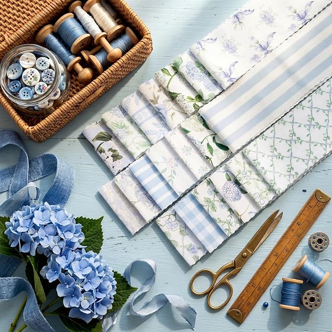 Hosuly 40 Pcs Hydrangea Fabric Watercolor Dusty Blue White Floral Jelly Fabric - Image 3