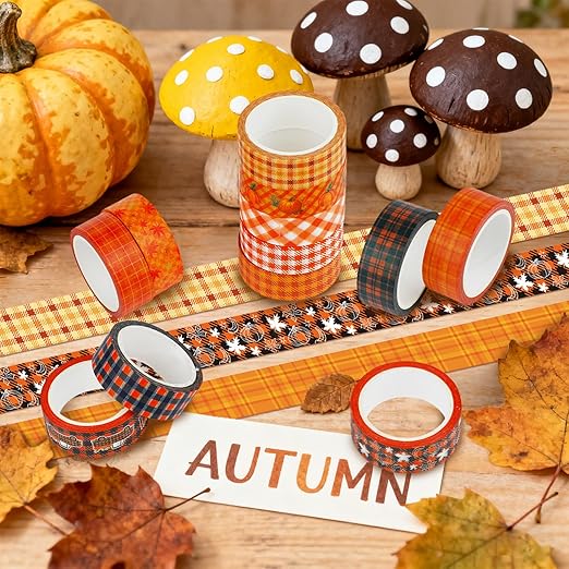 12 Rolls Autumn Washi Tape Set - Thanksgiving Theme Grid Pumpkin Maple Fall Decorative Tape for Bullet Journal, Scrapbooking, Planner, DIY Wrapping Crafts 16.4FT