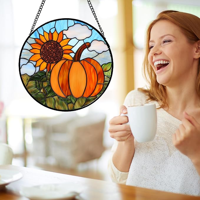 DASTOLL Stained Glass Window Hanging Fall Farm Scenery Sunflower Pumpkin 6.3" - Image 4
