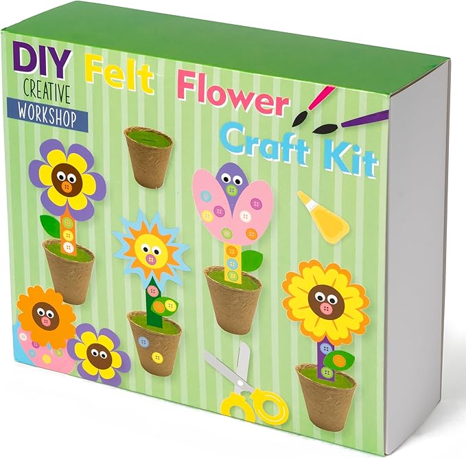 WATINC Mother's Day Spring Felt Flower Craft Kits - Make Your Standing Flowers Gift Crafts with Buttons Flower Pot Decor, DIY Flowers Decorations Home School Fun Activities for Mom Kids (16Pcs)