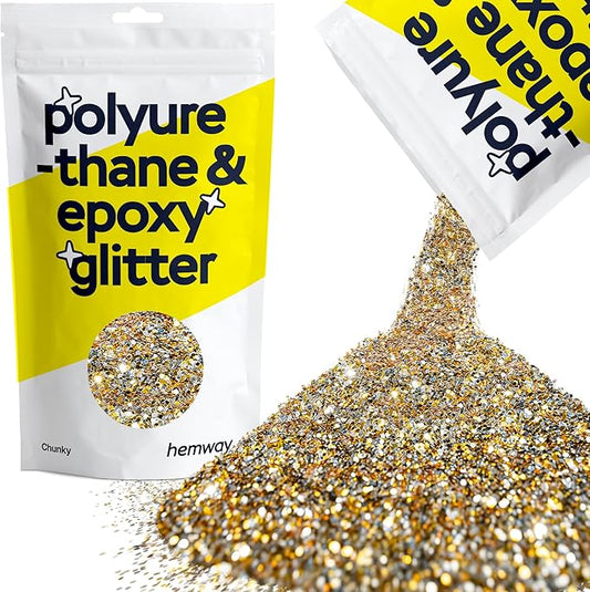 Hemway Polyurethane & Epoxy Resin Glitter 100g / 3.5oz Metallic Crystal Flake Additive for Flooring Jewelry Tumblers Glass Pigment - Chunky (1/40" 0.025" 0.6mm) - Gold Silver