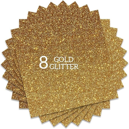 Gold Glitter HTV Heat Transfer Vinyl Bundle 8 sheets-12 x12 Iron on Vinyl for T Shirts Hats Clothing Compatible with Cricut Cameo Heat Press Machine