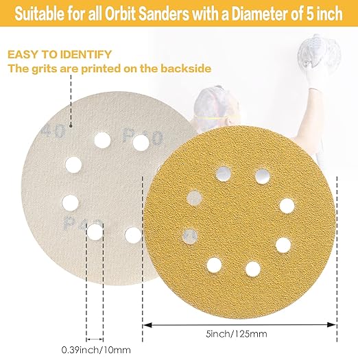 100PCS 5 Inch 8 Hole Sanding Discs 100 Grit,Gold Round Hook and Loop Sandpaper for Random Orbital Sander