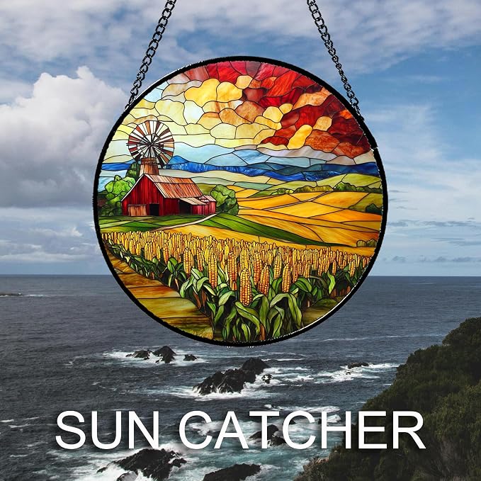 Stained Glass Window Hanging Autumn Farm Corn Harvest Landscape 9.8" - Image 6