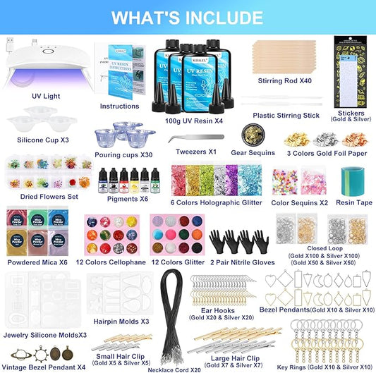 UV Resin Jewelry Making Kit, 400g Crystal Clear Resins with Light and Molds, DIY Jewelry Making Resin Kits, Resina Starter Kit for Keychain, Hair Clip and Earring