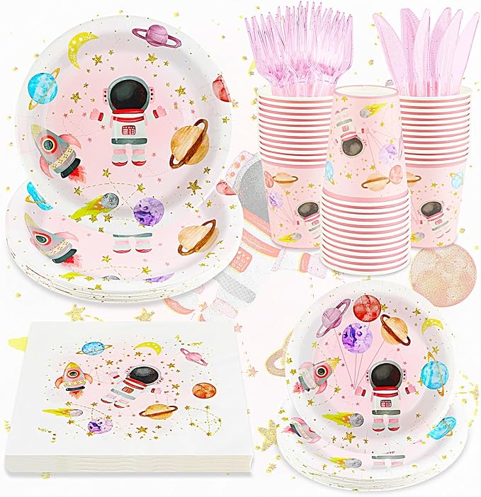 120 PCS Space Party Supplies, Disposable Pink Moon Star Paper Plates Napkins by Unknown