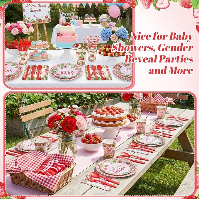 450 Pcs Strawberry Baby Shower Tableware Set Decorations A Berry Sweet Baby - Image 5