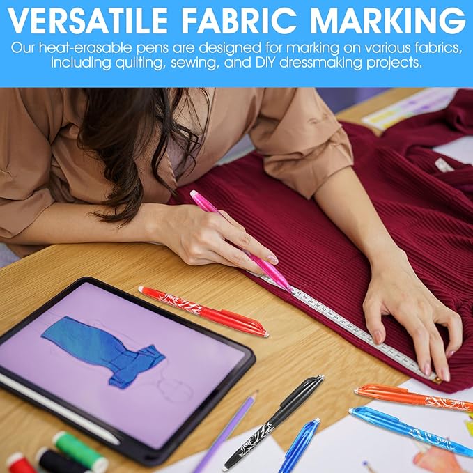 12pcs Heat Erasable Pens for Fabric, Fabric Marking Pens Fabrics Markers No Ghost Lines, Disappearing Ink for Precise Marking for Quilting Sewing Embroidery DIY Dressmaking Fabrics Tailors Chalk