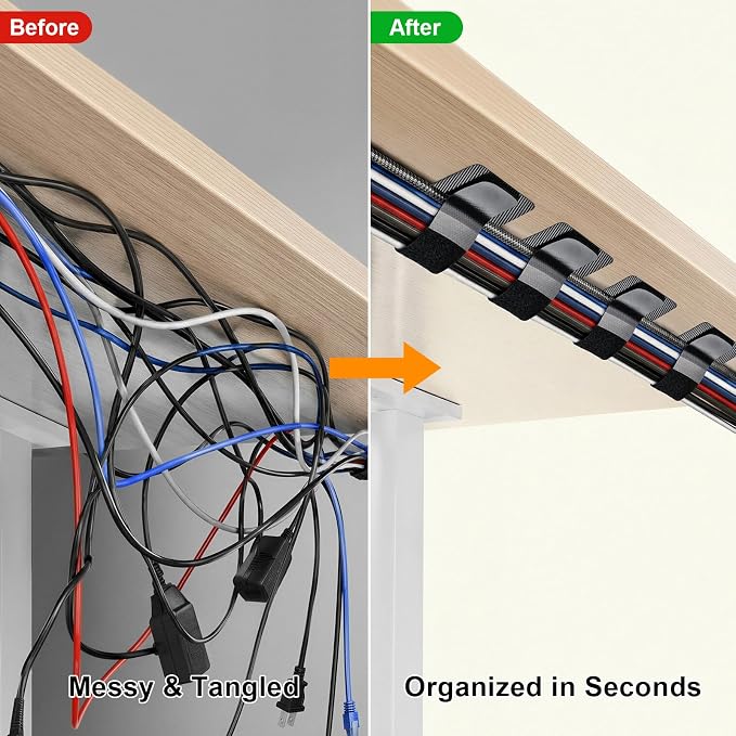 Cable Management Under Desk, 20 Pair Cord Organizer Straps | Reusable hook and - Image 2