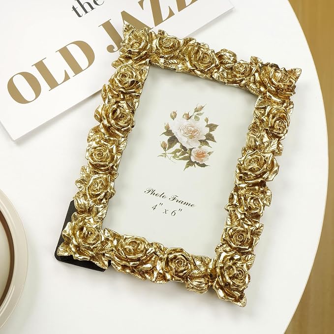 Cuspin 4x6 Picture Frame Vintage Gold Frames, Ornate Rose Flower Resin Photo - Image 6