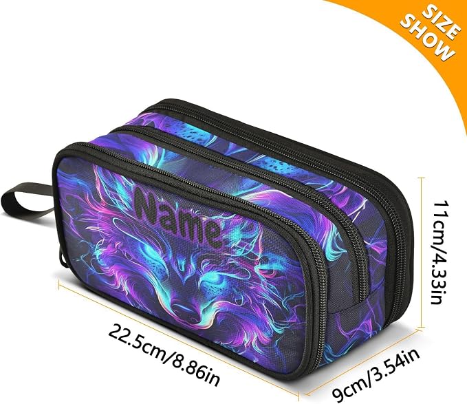 Custom Mystical Wolf Face Pencil Case Box Boys Girls Personalized Name Large - Image 7