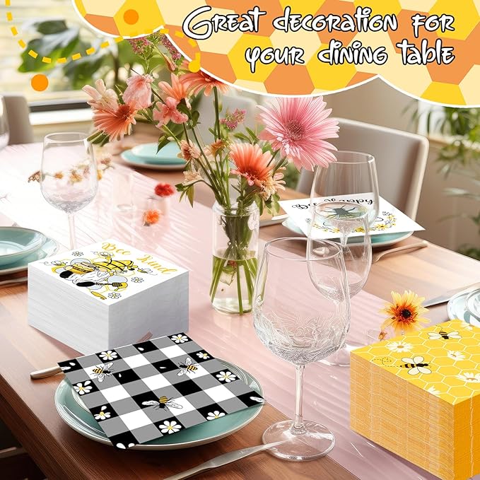 Fulmoon 200 Pieces Summer Bee Cocktail Napkins Disposable Decorative Decoupage Beverage Paper Napkins Bulk Dessert Towel for Summer Tea Party Dinner