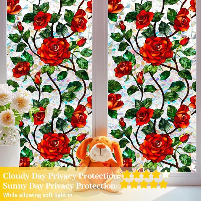 Bloss Rose Stained Glass Windows Film, 23.6x118 inch 3D Flower Privacy Window - Image 6