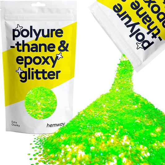 Hemway Polyurethane & Epoxy Resin Glitter 100g / 3.5oz Metallic Crystal Flake Additive for Flooring Jewelry Tumblers Glass Pigment - Extra Chunky (1/24" 0.040" 1mm) - Fluorescent Green