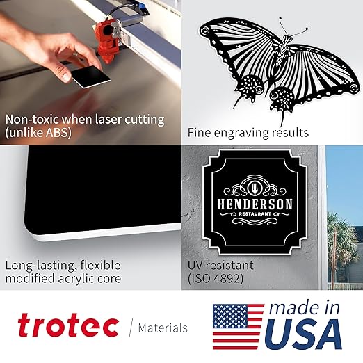 Trotec TroLase | 12"x12"x1/32", 8 Pcs | Black/White | 2 Ply | Modified Acrylic | Laser Engraving Double Color Plastic Sheet | Engraving Blanks for Laser, Saw, Guillotine | Made in USA
