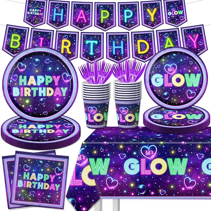 Glow Neon Party Supplies Tableware Set, Glow Tablecloths by CMUSKO