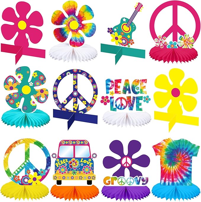 Nezyo 12 Pcs Tie Dye Hippie Party Honeycomb Centerpieces Decorations 60's 70s by Nezyo