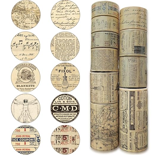 10 Rolls (Totally 98ft/30m) Vintage Washi Tape Set, Masking Tape Nostalgic Style Decor Sticker for DIY Craft Scrapbooking Bullet Journal Planner Gift Wrapping