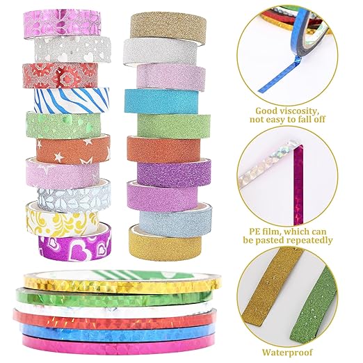 26 Rolls Glitter Washi Tape, Colored Masking Tape Set, 5mm/15mm Decorative Tape for DIY Art Crafting Scrapbooking Journaling Gift Packaging