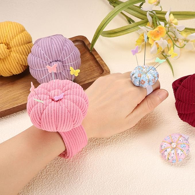 HARFINGTON Wrist Pin Cushions, Sewing Needle Pin Cushion Adjustable Strap with Elastic Strap Finger Ring Pincushions Fit All Wrist Sizes for Sewing Quilting Needlework DIY Crafts, Cameo/Blue