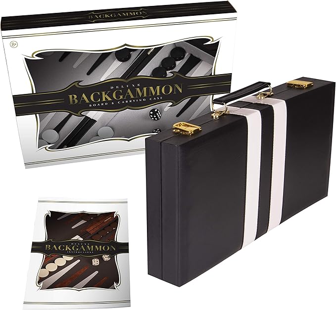 Backgammon Sets for Adults with Premium Leather Case | Classic Travel Backgammon Set for Adults and Kids with Strategy & Guide | 15 Inches | Medium | Black