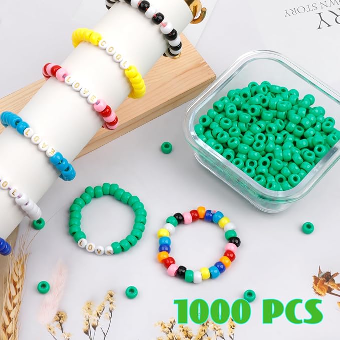 1000Pcs Pony Beads Bracelet 9mm Green Plastic Barrel Pony Beads - Image 5