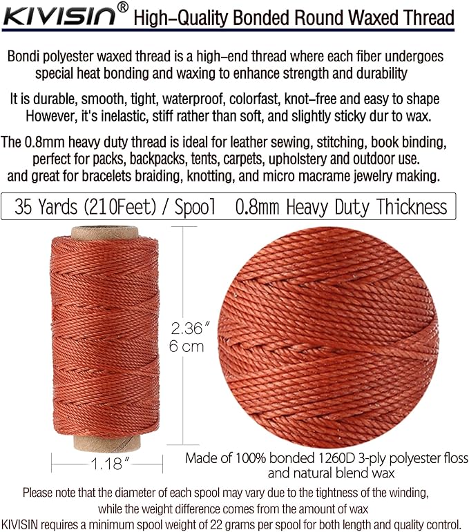 KIVISIN Trendy Color Waxed Thread 0.8mm, Heavy Duty Wax Polyester Cord 32 Yards String Spools Wax Coating for Bracelets Braiding, Micro Knotting, Sewing, Stitching, Book Binding, Micro Macrame Making