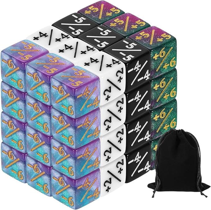 uxcell 48Pcs Magic Dice Counters, Acrylic D6 Life Token Dice Set with Pouch for Standard Cards Gaming Accessories, White, Black, Green & Purple, Blue & Purple