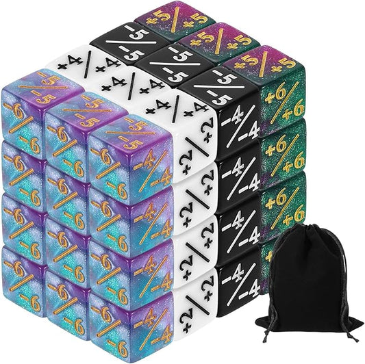 uxcell 48Pcs Magic Dice Counters, Acrylic D6 Life Token Dice Set with Pouch for Standard Cards Gaming Accessories, White, Black, Green & Purple, Blue & Purple