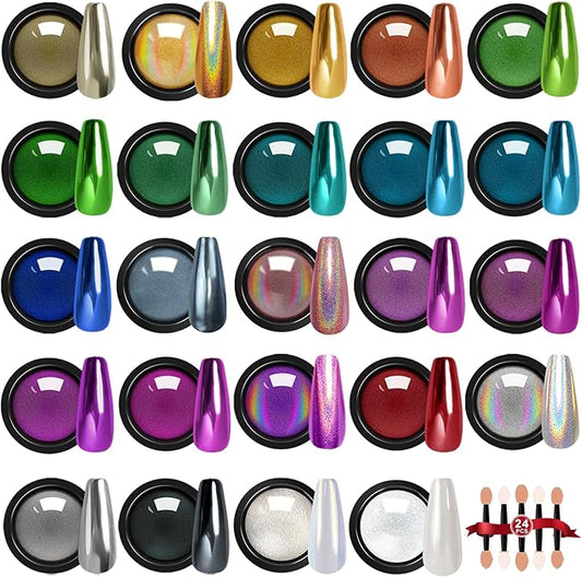 Gold Silver Chrome Nail Powder, 24 Colors White Pearl Unicorn Iridescent Holographic Nail Chrome Powder, Red Blue Green Black Purple Rose Gold Metallic Mirror Chrome Powder for Nails Glitter Pigment