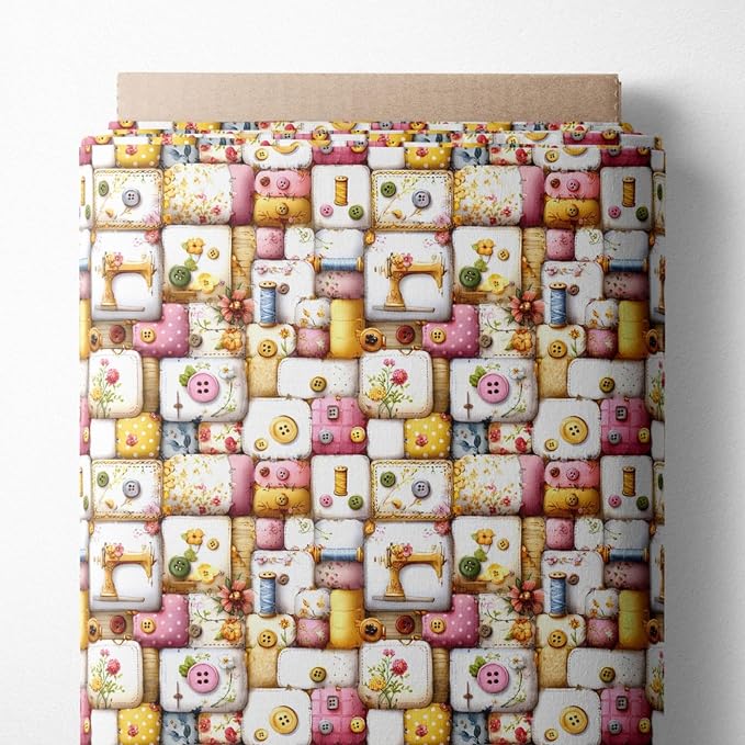 Vintage Sewing Notions Patchwork Cotton Fabric Panel 61 x 36.6 Inches, Buttons by FabricsTown