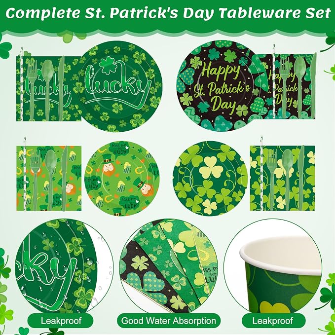 450 Pcs Happy St. Patrick's Day Tableware Set Decorations, Lucky Green Shamrock - Image 3