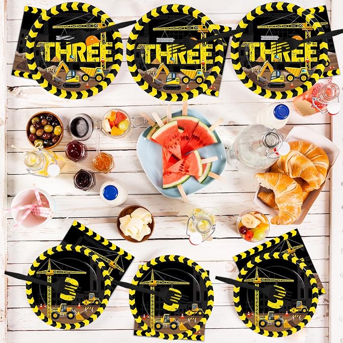 100 Pcs Construction 3rd Party Plates and Napkins Set 3 Years Old Birthday - Image 7