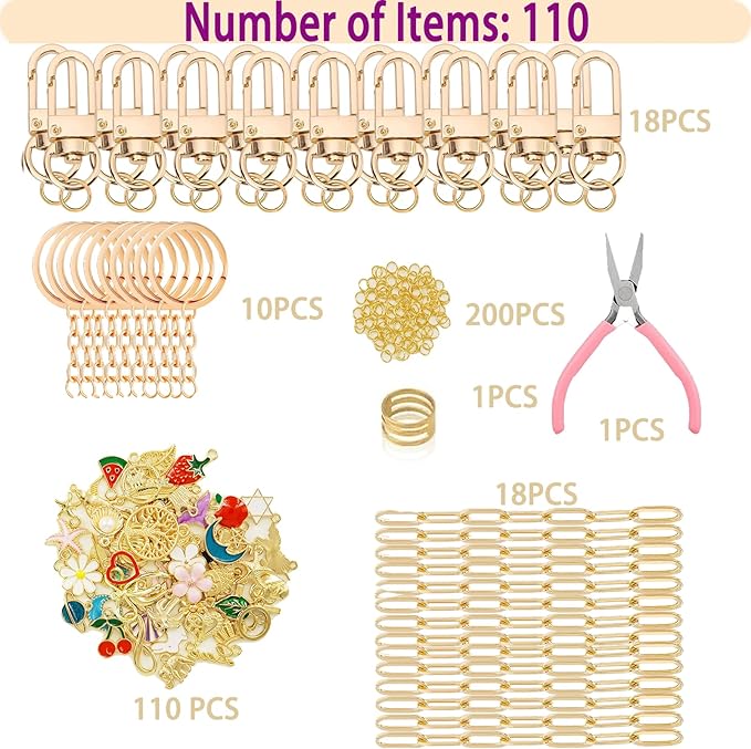 MORWLAT 358 PCS Gold DIY Keychain Making Kit Cute Bag Charm Kit 110 Charms 28 Keychain Clips with Key Ring Swivel Snap Hook Lobster Claw Clasps 200 Jump Ring Jewelry Plier DIY Set Women Craft (110)