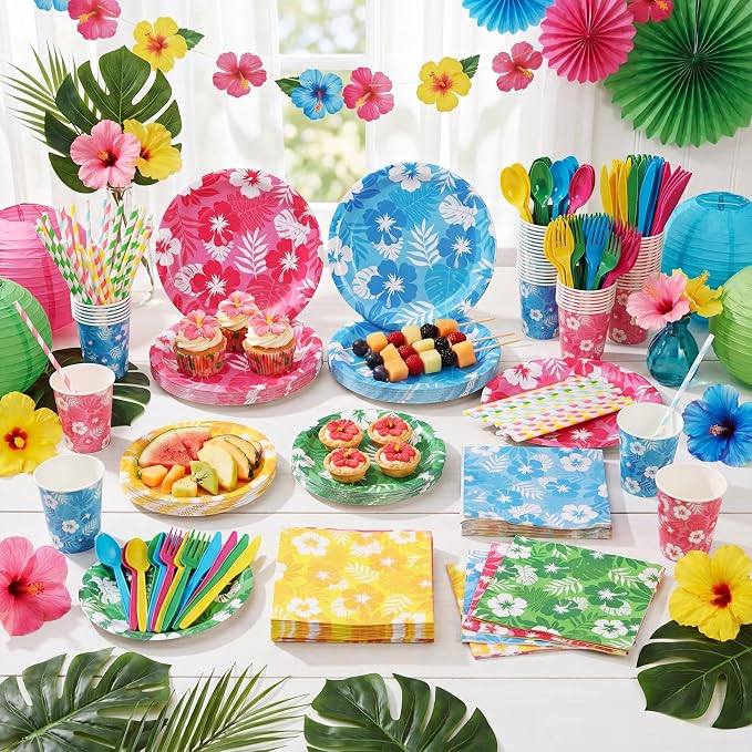 450 Pcs Hawaiian Luau Tableware Set Decorations Aloha Tropical Hibiscus Palm - Image 6