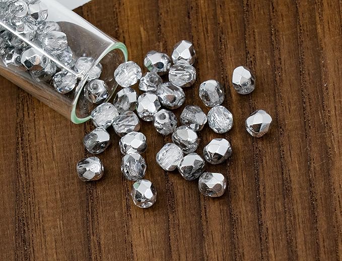 1.8 oz (50g, Approx. 600pcs) of Faceted Fire Polished Pressed Czech Glass Beads 4mm (0.16in), Crystal Silver Aluminum Labrador 00030-27001 BCV