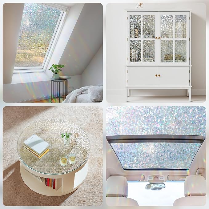 Haton Window Privacy Film, Rainbow Stained Glass Window Clings, 3D Decorative UV Sun Blocking Sticker, Removable Static Cling Heat Control Tint for Home Door, 35.4" x 157.4" Non-Adhesive