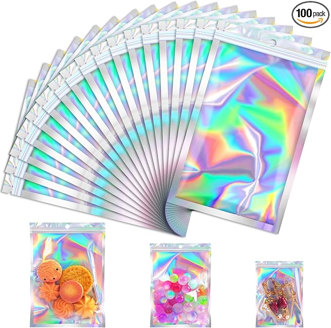 JETMORE 100 Pcs Holographic Mylar Bags, Smell Proof & Resealable Bag by Jetmore