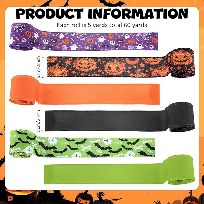 12 Rolls Halloween Wired Edge Ribbon for Wreaths 2 Inch x 60 Yards Bat Spider Web Pumpkin Print Grosgrain Ribbon Ghost Witch Hat Crafts for Halloween Party Decorative Supplies, 12 Styles