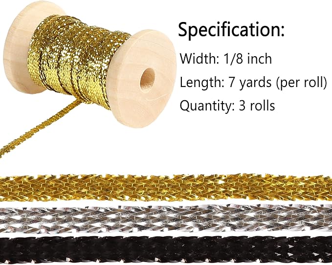 Gold&Silver Set Thin Ribbon 1/8 inch Metallic Braided Double Faced Ribbons Curling Ribbons For Balloon String Crafts Gift Wrapping Party Wedding Christmas Ornaments Decoration 7 Yard x 3 Rolls